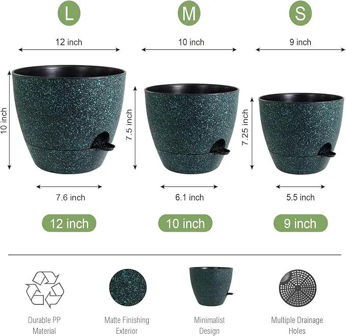 Large Self Watering Pots, 12/10/9 Plastic Planters with High Drainage Holes and Deep Reservoir for Indoor Outdoor Garden Plants and Flowers, Black with Green Speckles by GreenHaven Gardens