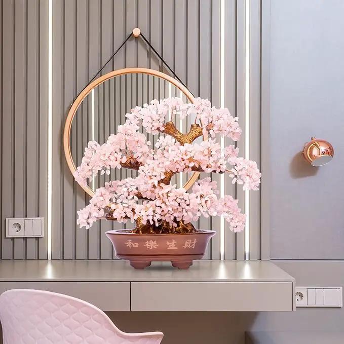 Natural Rose Quartz Tree Large,14" Chakra Crystal Tree(1,251 Gemstone Count) w/Lucky Coins Chain Healing Properties - Bonsai Feng Shui Money Tree for Love Self Care Home Office Decoration by GreenHaven Gardens