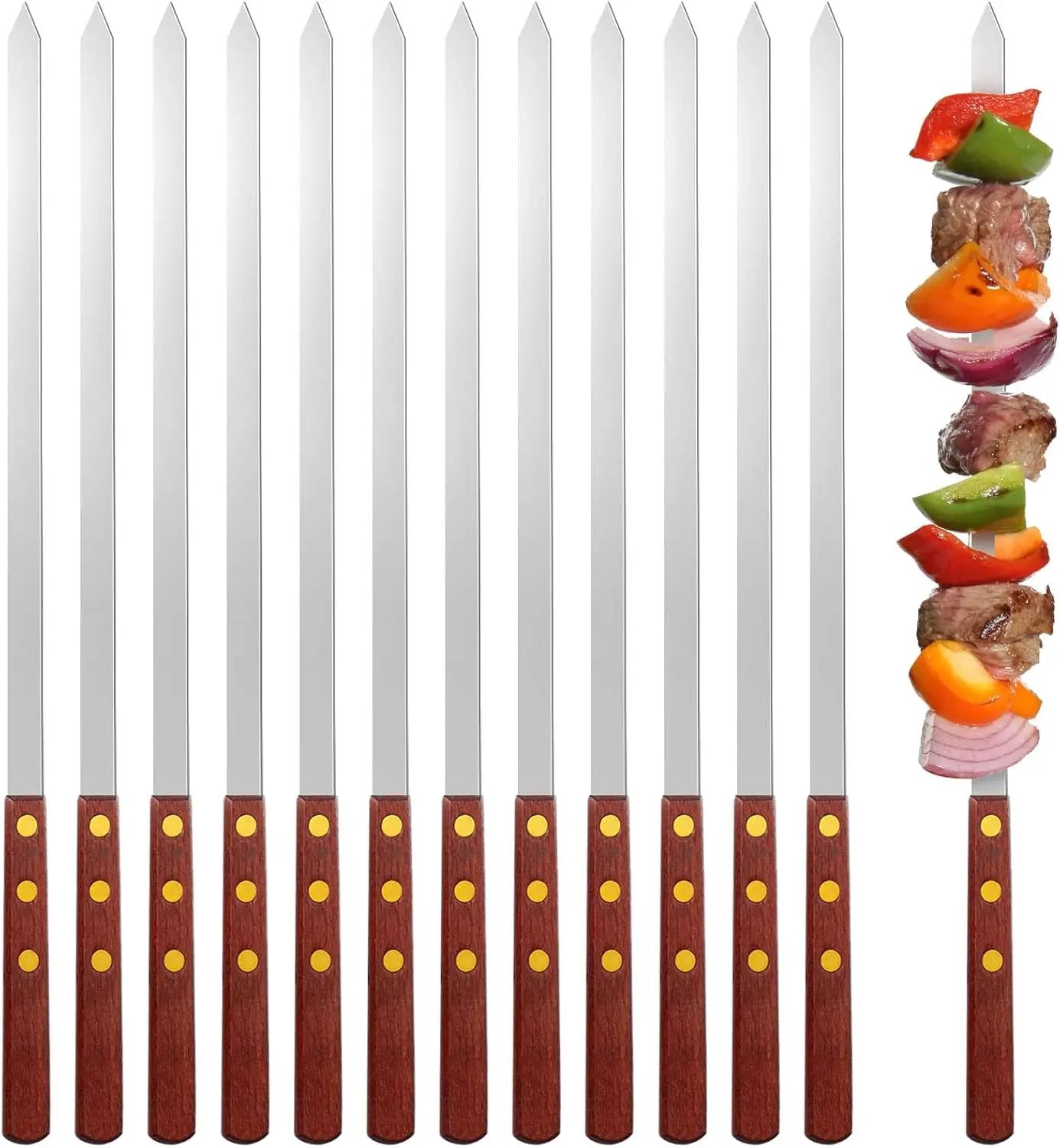Cunhill 12 Pcs 19.7 Inch Kabob Skewers for Grilling 0.4 Inch Wide Flat Blade Thin Stainless Steel Kabob Sticks Long Barbecue Reusable Metal BBQ Skewers with Wood Handles for Tailgate Party Outdoor by GreenHaven Gardens