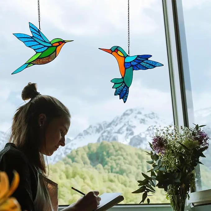 2 Packs Stained Glass Hummingbird Suncatcher Window Hanging Ornament, Stained Glass Birds Suncatcher for Window Decor, Hummingbird Gifts for Women, Mom, Birds Lovers by GreenHaven Gardens