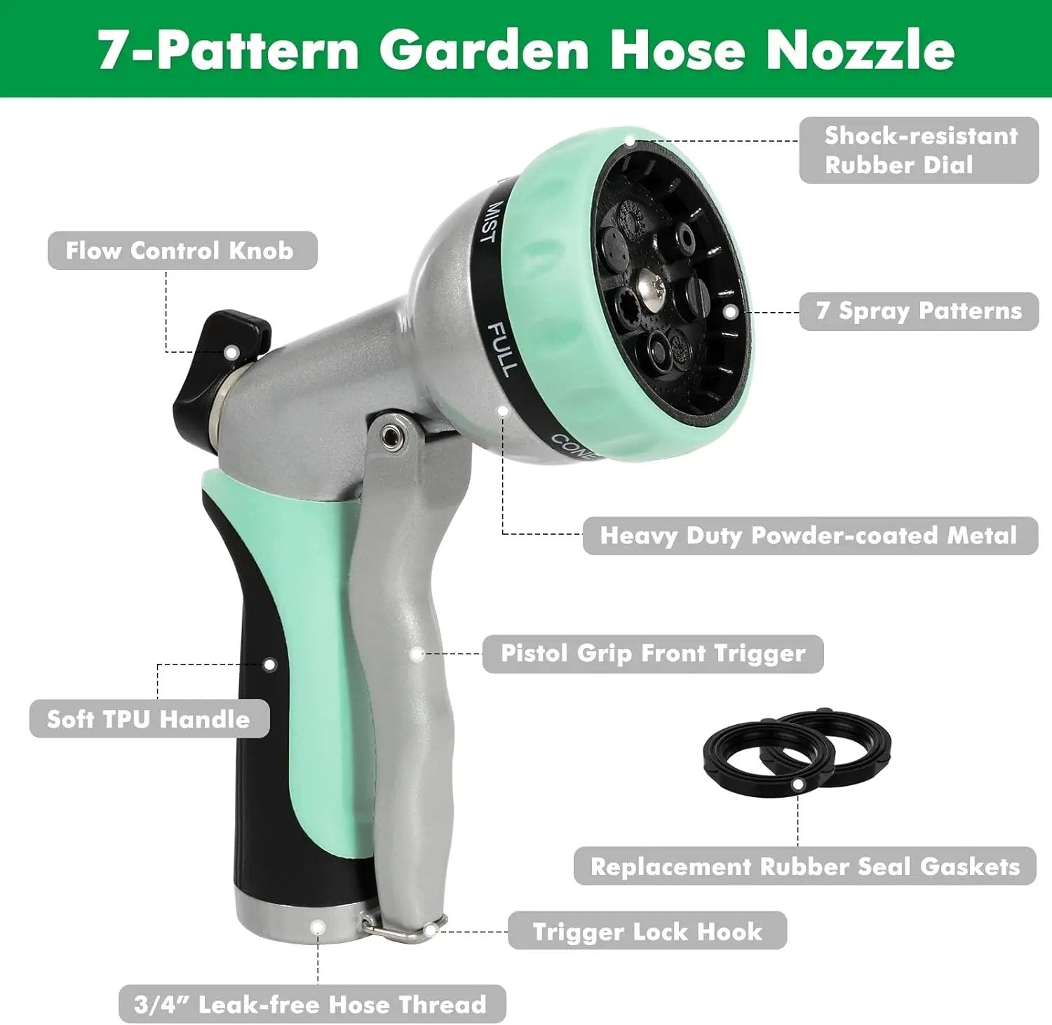 RESTMO Garden Hose Nozzle, Heavy Duty Metal Water Hose Nozzle with 7 Adjustable Spray Patterns, High Pressure Hand Sprayer with Flow Control, Best for Watering Plant & Lawn, Washing Car & Pet, Cyan by GreenHaven Gardens