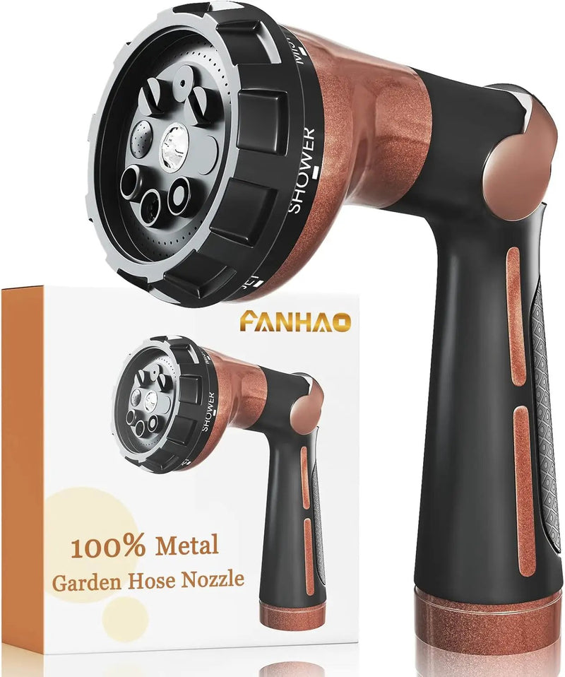 FANHAO Garden Hose Nozzle, 100% Heavy Duty Metal Water Hose Sprayer with 8 Spray Patterns, High Pressure Water Nozzle with Thumb Control, On Off Valve for Watering Plants, Washing Cars & Pets, Brown by GreenHaven Gardens