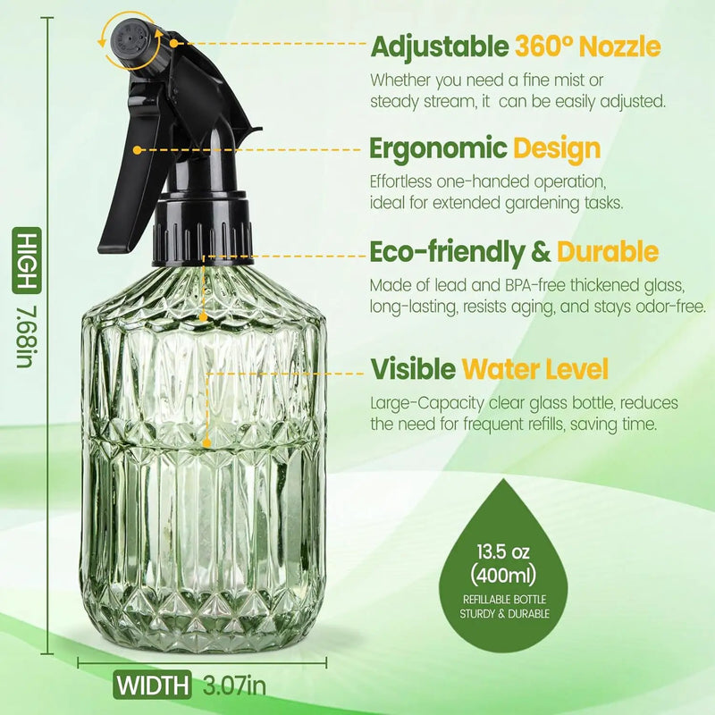 Glass Plant Mister Bottle - 13.5 oz Refillable Leak Proof Water Spray Bottle for Indoor Plants, Spring Gardening,Cleaning, Hair, Pets Care with Adjustable Mist Nozzle (Green) by GreenHaven Gardens