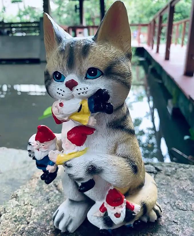 Garden Cat Eating Gnomes Statues Funny Gnome Decor for Outdoor Patio Lawn Yard Decor (cat Eating) by GreenHaven Gardens