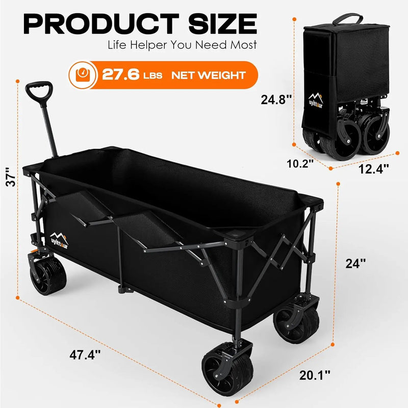 300L Extra Large Collapsible Foldable Wagon, 440lbs Load Capacity 48''L Extended Heavy Duty Folding Beach Wagon with Big All-Terrain Wheels, Utility Garden Cart for Outdoor Activities, Black by GreenHaven Gardens