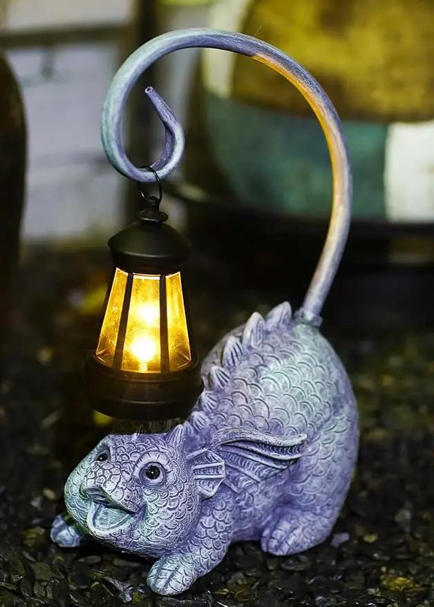 Baby Dragon Statue with Solar Lantern - Dragon Garden Decor and Housewarming Gifts for Mom, Women - Outdoor Dragon Gifts for Yard by GreenHaven Gardens