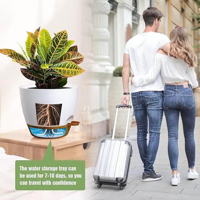 10/9/8 inch Self Watering Pots, Set of 3 Plastic Planters with Mesh Drainage Holes and Deep Reservoir for Indoor Outdoor Garden Plants and Flowers, White with Brown by GreenHaven Gardens
