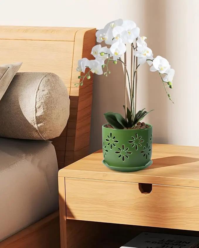 EFISPSS Orchid Pots with Holes,5+6 Inch Ceramic Plant Pots with Drainage Holes and Tray,Enhanced Drainage and Ventilation,Flower Pots for Indoor/Outdoor Plants for Repotting - Green by GreenHaven Gardens