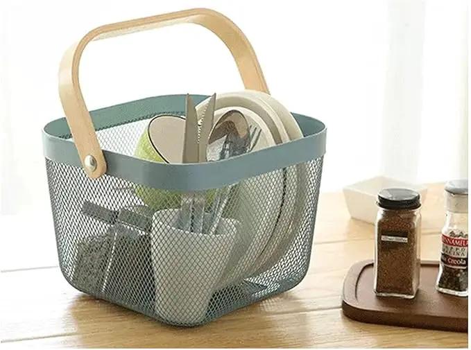 Metal Mesh Steel Basket, Storage Organizer Basket Multi-functional Hanging Kitchen Baskets Fruit Basket Bin with Bamboo Handle for Kitchen Bathroom Picnic Shopping Decor Cabinet Home, Blue by GreenHaven Gardens