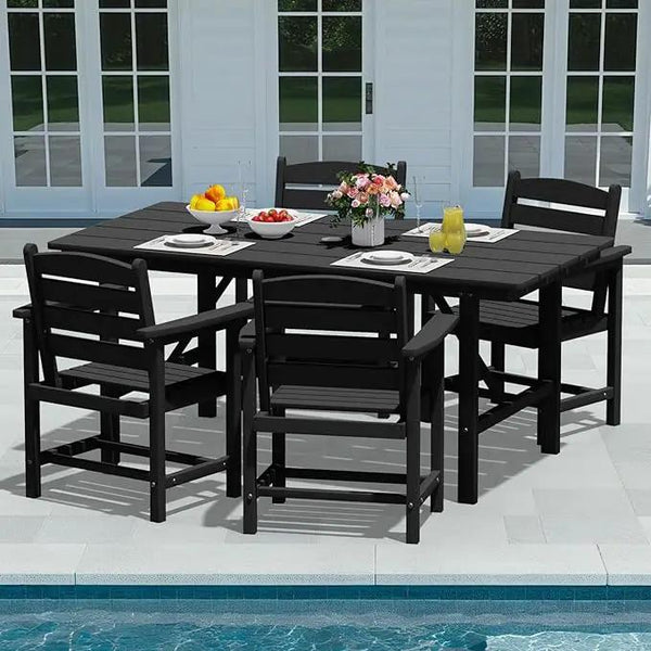 Patio Dining Set for 4 with Umbrella Hole - 66" Outdoor Table & 4 Chairs, All-Weather HDPE Outdoor Furniture for Lawn, Garden, Backyard, Poolside, Black