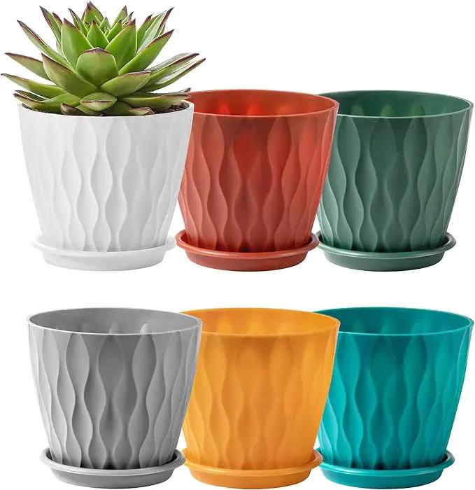 FaithLand 6-Pack 6-Inch Plastic Plant Pots with Saucers | Thickened PP Material, Modern Wave Texture, Enhanced Drainage for Indoor/Outdoor Garden Plants | Multicolor Value Set by GreenHaven Gardens