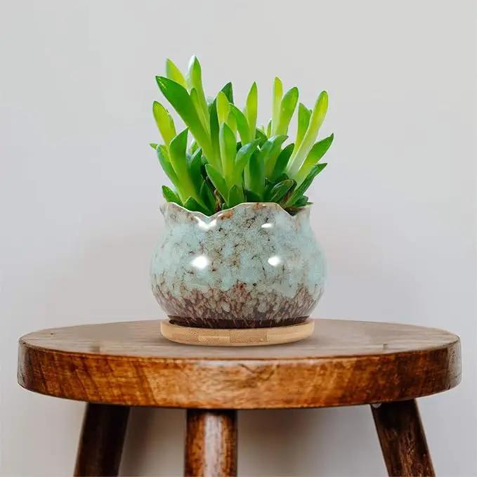 Laerjin Succulent Pots, 4 Inch Ceramic Plant Pots and Drainage Hole with Bamboo Tray, Colorful Flower Planter Pot, Pack of 6, Plants Not Included