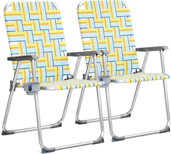 VINGLI Aluminum Patio Lawn Chairs Folding Set of 2 with Detachable Cup Holder, Webbed Beach Chair Folding Chair Outdoor Portable Camping Chair for Yard, Garden by GreenHaven Gardens