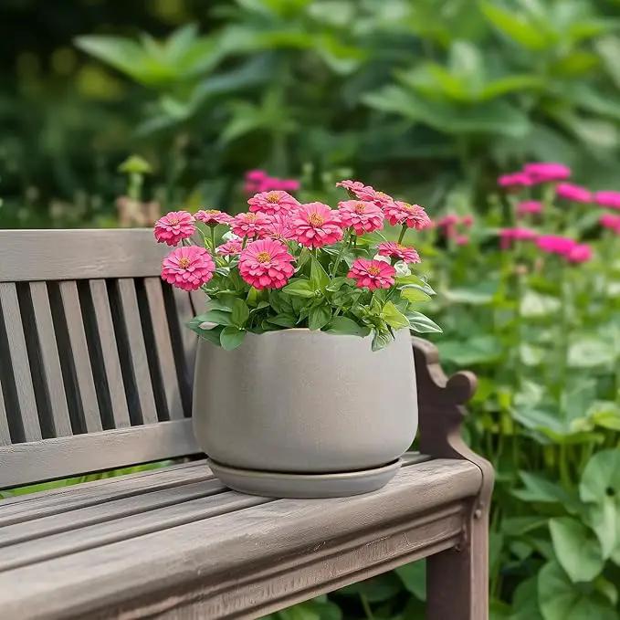 G EPGardening Ceramic Pots for Plants 7 Inch - Large Ceramic Planters for Indoor Plants Outdoor Modern Flower Pot with Drainage Holes and Saucer for Office Garden Patio Grey by GreenHaven Gardens