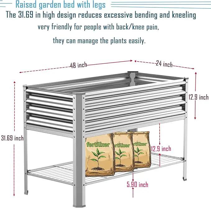 Raised Garden Bed with Legs, Galvanized Raised Planter Box with Storage Shelf and Drainage Holes, 48×24×32 Inch Large Metal Garden Bed Kit for Balcony, Backyard, Patio Lasts for Years of Use. by GreenHaven Gardens