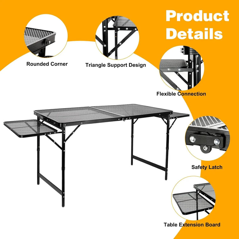 Grill Table Folding Table with 2 Wing Panels 4FT+1.77 FT with Mesh Desktop 3 Height Adjustable Portable Grill for Outdoor Indoor Beach BBQ Picnic Travel RV Black 69.3 x 23.62 inch by GreenHaven Gardens