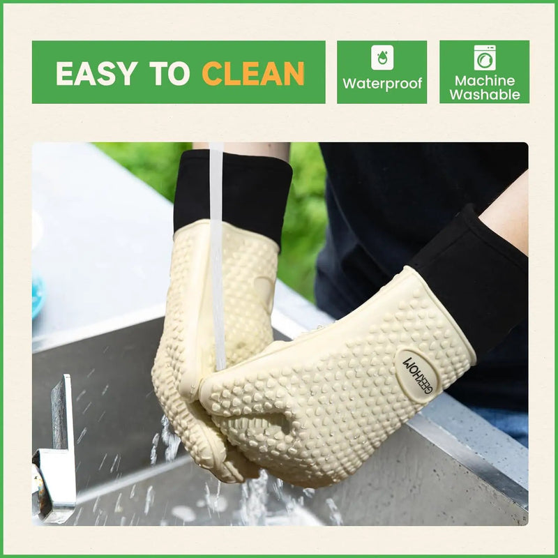 GEEKHOM BBQ Gloves Heat Resistant Oven Mitts - Silicone Grilling Gloves with 14" Long Arm Protection - Waterproof Pot Holder Non-Slip for Men & Women, Kitchen Cooking, Baking, Camping, Beige by GreenHaven Gardens