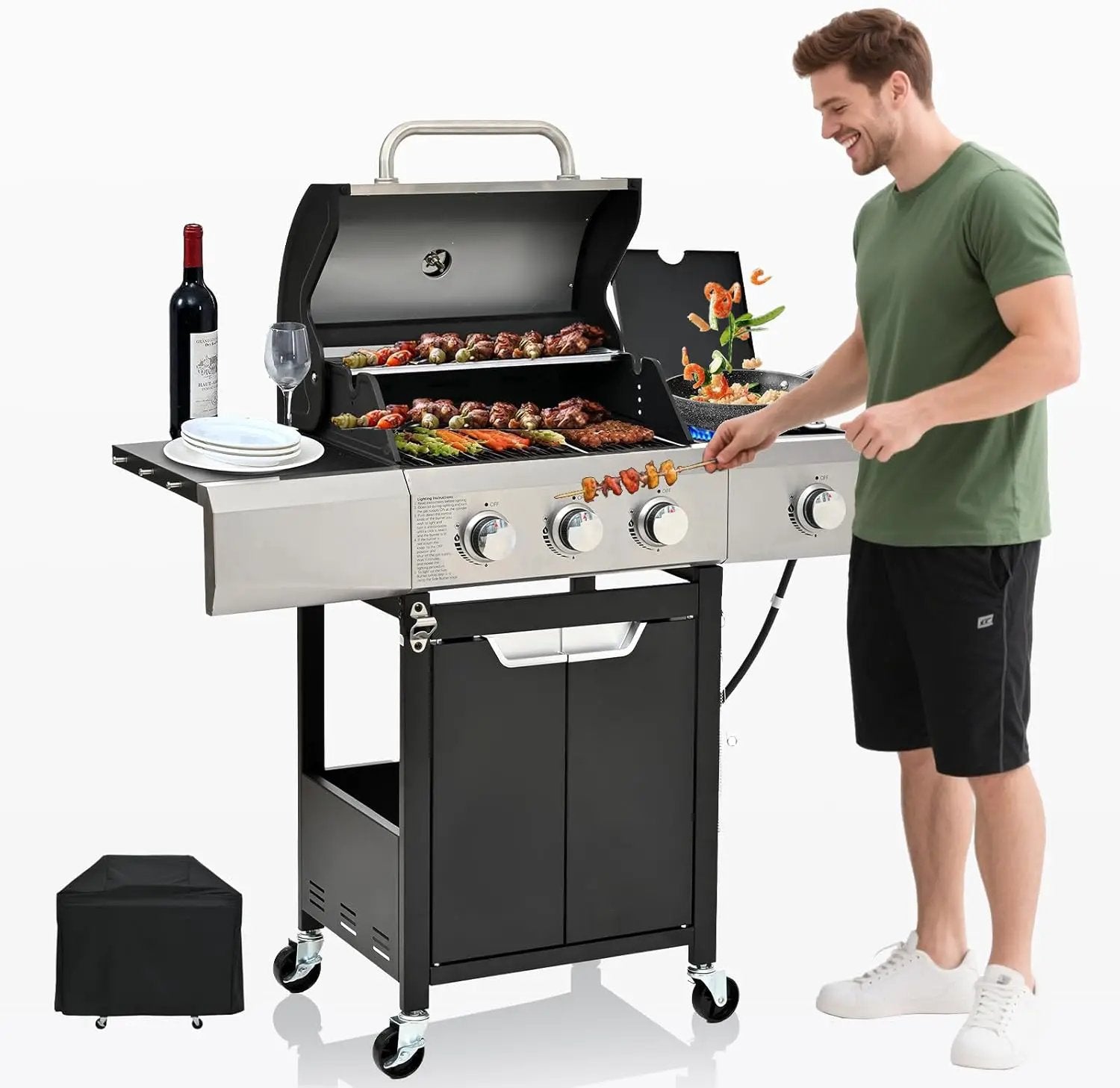 3-Burner Propane Gas BBQ Grill with Side Burner, Porcelain-Enameled Cast Iron Grates and Grills Cover, 40,500 BTU Stainless Steel Grill for Outdoor Camping Barbecue Grilling Backyard Cooking by GreenHaven Gardens