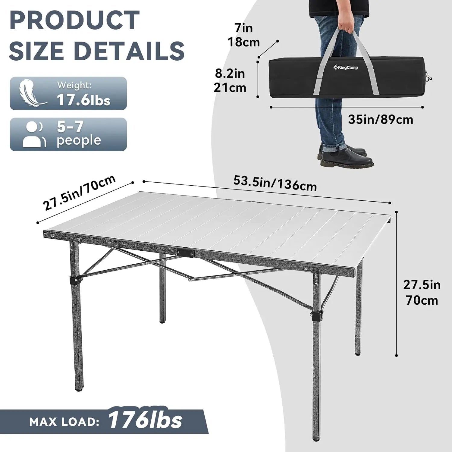 KingCamp Camping Table Folding Portable Table Aluminum Roll Up Lightweight Foldable Large Camp Table for Indoor Outdoor Picnic Backyard, 53.5"X27.5" by GreenHaven Gardens