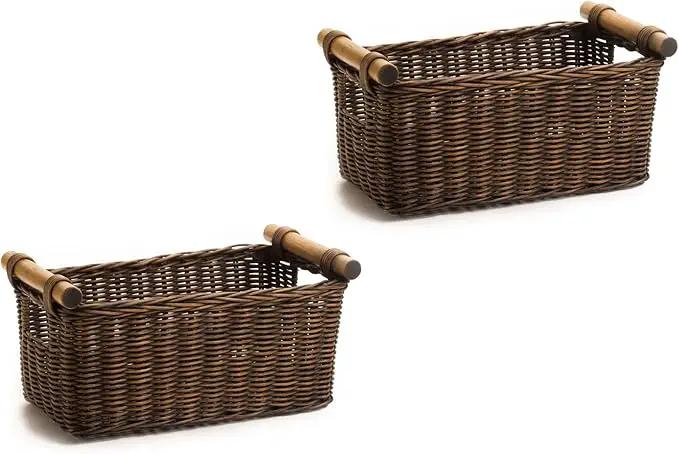 The Basket Lady Petit Wicker Storage Basket, 2 pcs Medium, Antique Walnut Brown by GreenHaven Gardens