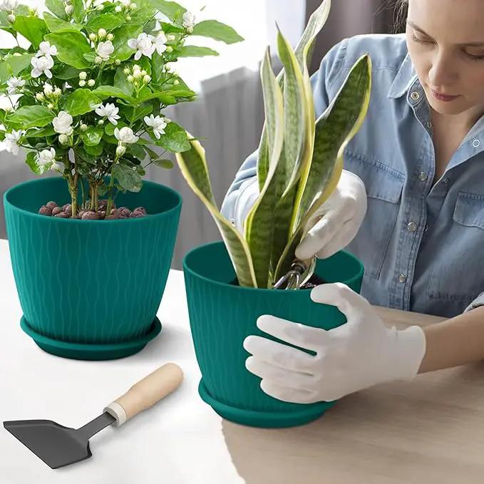 Plant Pots – 6 Inch Planters with Drainage Holes and Saucers, Flower Pots for Indoor and Outdoor Plants, Nursery Planting Pots (Pack of 5, Teal) by GreenHaven Gardens