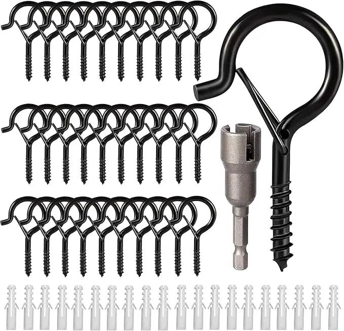 Hooks for Outdoor String Lights, Ceiling Screw Hooks with Safety Buckle Design for Hanging Plants Christmas Lights Party Led Wind Chimes, Black Q Hanger with Wing Nut Driver, 30 Pack by GreenHaven Gardens