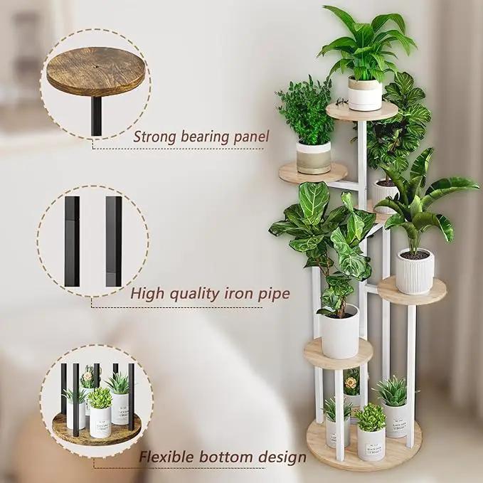 Plant Stand Indoor 6 Tier 9 Potted Multiple Flower Pot Holder for Patio Garden Balcony Living Room Corner (6 Tier White+Sonoma Oak) by GreenHaven Gardens