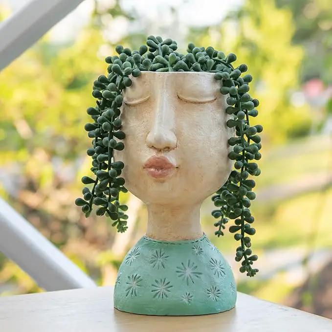 DiliComing Head Planter Face Planter Pots - 8 Inch Indoor Flower Planter Outdoor Planter Succulent Pot Girl Resin Planter with Drainage Hole Planters for Indoor Plants by GreenHaven Gardens