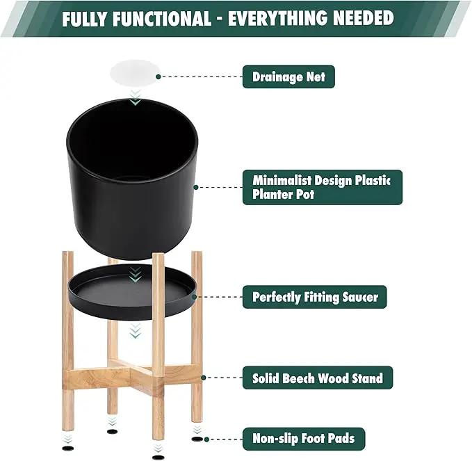 D'vine Dev Planter Pot with Stand - 12 Inch Plastic Cylinder Flower Pot with Wood Planter Holder for Indoor, Matte Black Pot + Natural Stand, 55-C-P-2 by GreenHaven Gardens