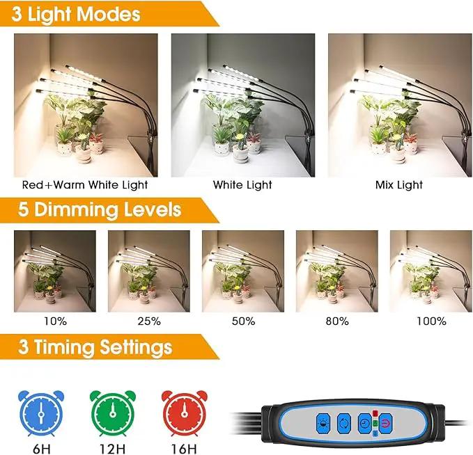 Wolezek Grow lights for Indoor Plants, 4-Head Full Spectrum LED Grow Light with Adjustable Tripod Stand 15-61 inches for Seed Starting, 3500K 6500K 660nm White Red Floor Plant Lamp with 6/12/16H Timer by GreenHaven Gardens