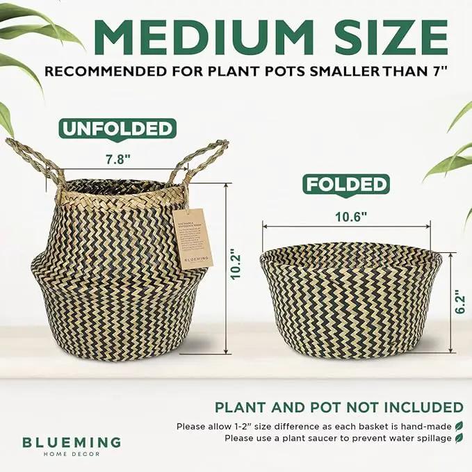 Olive Tree Basket – Small Seagrass Plant Pot for Tall Indoor Artificial Trees, Woven Planter 8-9 Inches, Wicker Baskets for Decorative Storage (Black, Medium) by GreenHaven Gardens
