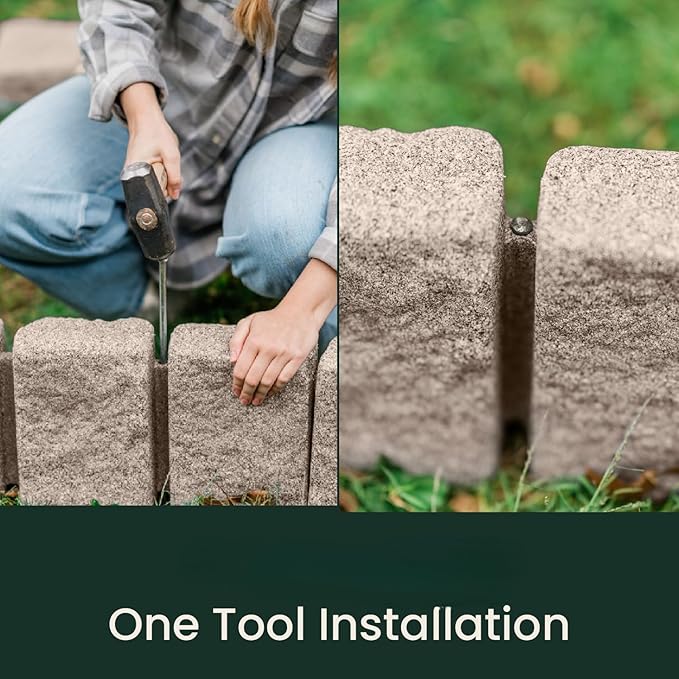 Beuta Landscape Edging | Garden Edging Border | Faux Stone Block XL for Lawn Edging, Flower Beds & Yard Edging – 40 Pack | Each Section Has 6 Blocks 48" L x 4" W x 9.5" H | 120 Spikes | Cobblestone by GreenHaven Gardens