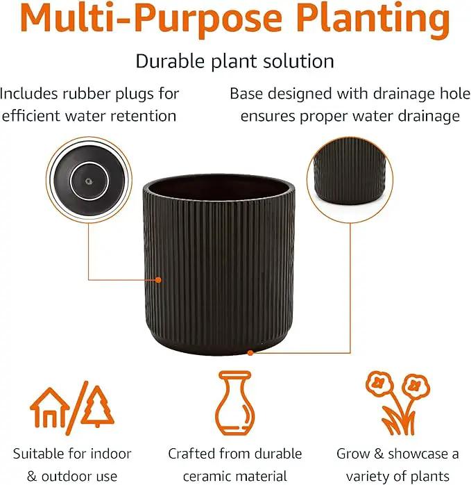 Amazon Basics Fluted Round Ceramic Planter, 8-Inch, Black by GreenHaven Gardens