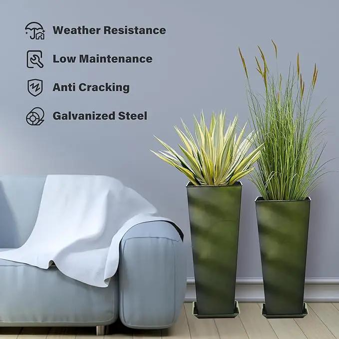 KOL 25'' & 28'' Tall Bright Glazed Planter with Insert, Set of 2, Galvanized Steel Planter Metal Pots with Drainage Hole for Indoor & Outdoor Use, Decorative Plant Pots for Front Porch, Patio - Green by GreenHaven Gardens