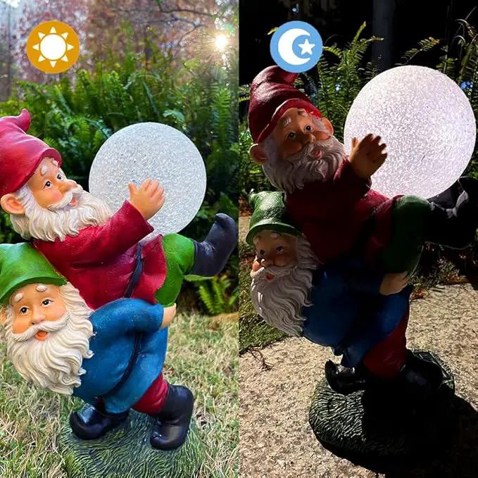 Solar Powered 2 Gnomes Playing with Ball, Decorated Solar Light, Garden Decorations Statues, Garden Light Decor for Lawn Ornaments, Resin Garden Figurines (2 Gnomes with a Glass Ball) by GreenHaven Gardens