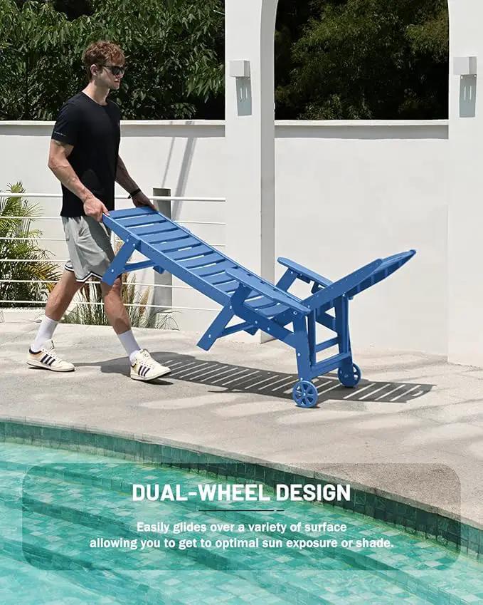 Lounge Chair Outdoor Set of 2, HDPE Chaise Lounge Chair Outdoor with 6-Position & Wheels &Cup Holder, Pool Lounge Chair for Pool Poolside Deck Backyard Patio, Navy Blue by GreenHaven Gardens