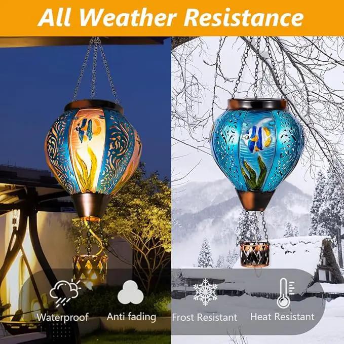 Blue Fish Hot Air Balloon Solar Lantern with Flickering Flame Hanging Solar Lanterns Outdoor Waterproof,LED Metal Hot Air Balloon Lights for Patio Yard Garden Decor,Mother Day Gifts for Women by GreenHaven Gardens