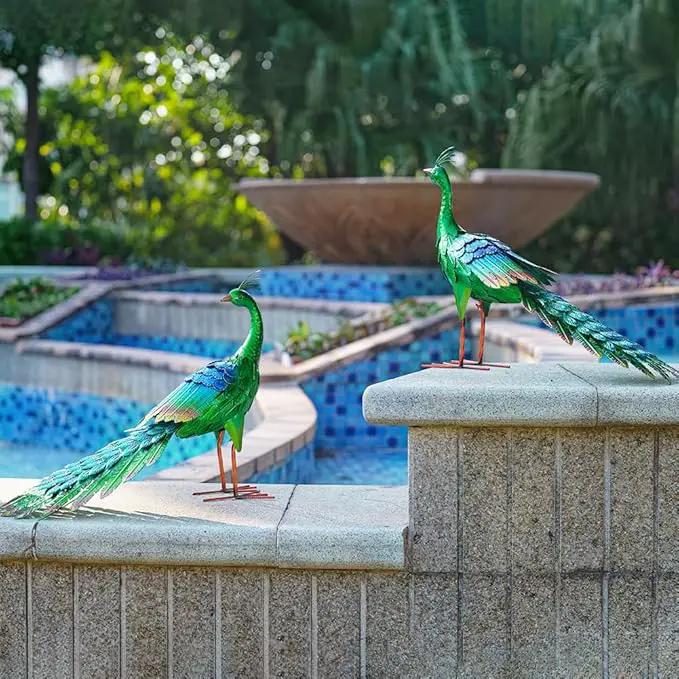 DREAMSOUL Set of 2 Peacock Garden Statues Metal Garden Sculptures & Statues Yard Art Peacock Statue