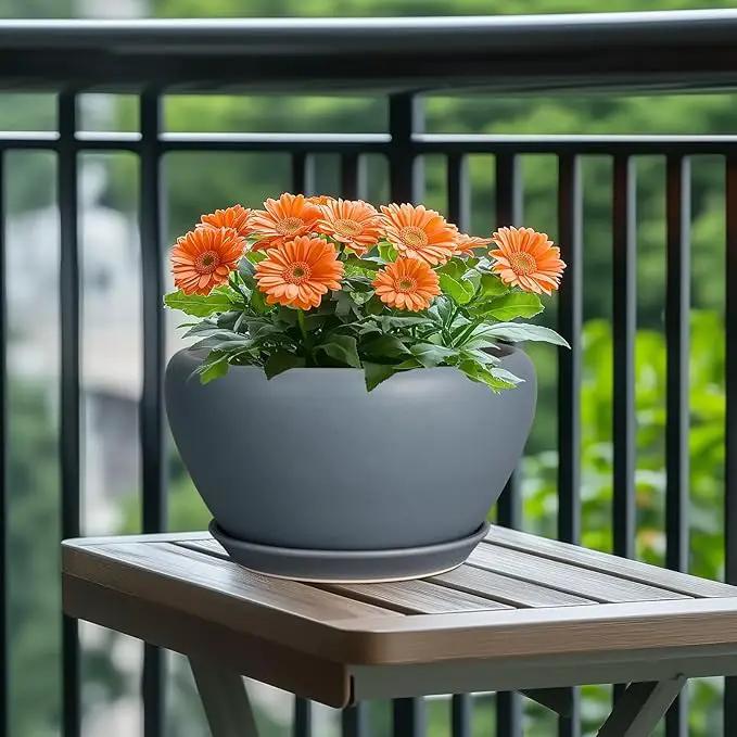 Ceramic Plant Pot - 11 Inch Planter for Indoor Plants Large Plant Pot with Drainage Hole and Saucer Round Outdoor Planter Modern Flower Pot for Home Decor Gray by GreenHaven Gardens