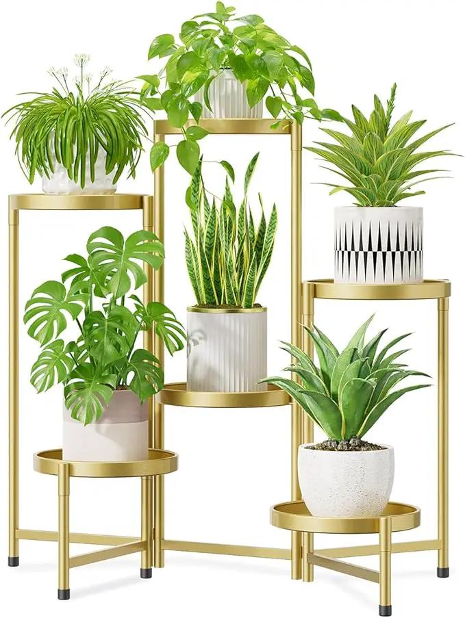 iDavosic.ly 6 Tier Large Plant Stand Indoor, 10 Inch Wide Tall Corner Metal Plant Stands Outdoor for Multiple Plants, Folding Tiered Flower Display Holder Rack Shelf, Gold by GreenHaven Gardens