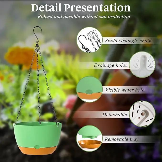 Bevgems 3 Pack 8.26 Inch Hanging Planters, Plastic Self-Watering Hanging Flower Plant Pot, Decorative Flower Pot Holder with Drainage Holes & Removable Tray for Indoor Outdoor Plants,Flowers, Herbs by GreenHaven Gardens