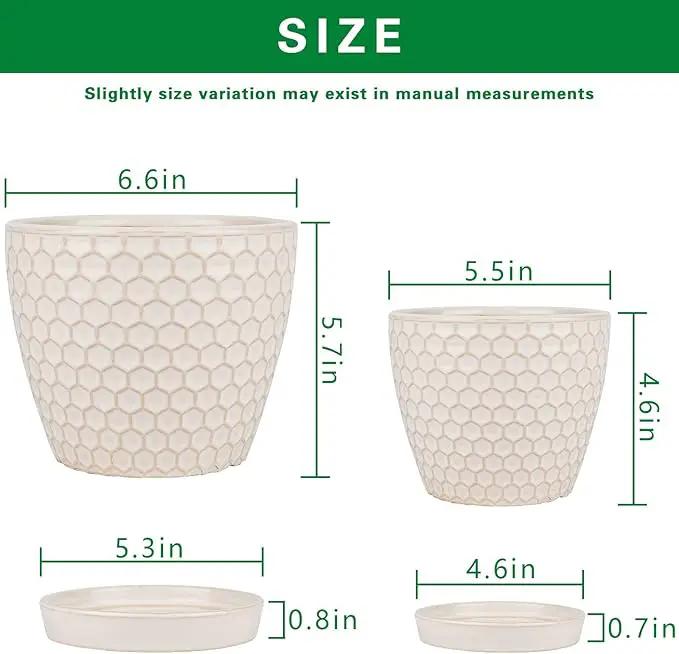 Docrin Ceramic Plant Pots Indoor, 6.6 + 5.5 Inch Flower Pots with Drainage Holes and Saucer for Plants, Set of 2, Milky White Honeycomb by GreenHaven Gardens