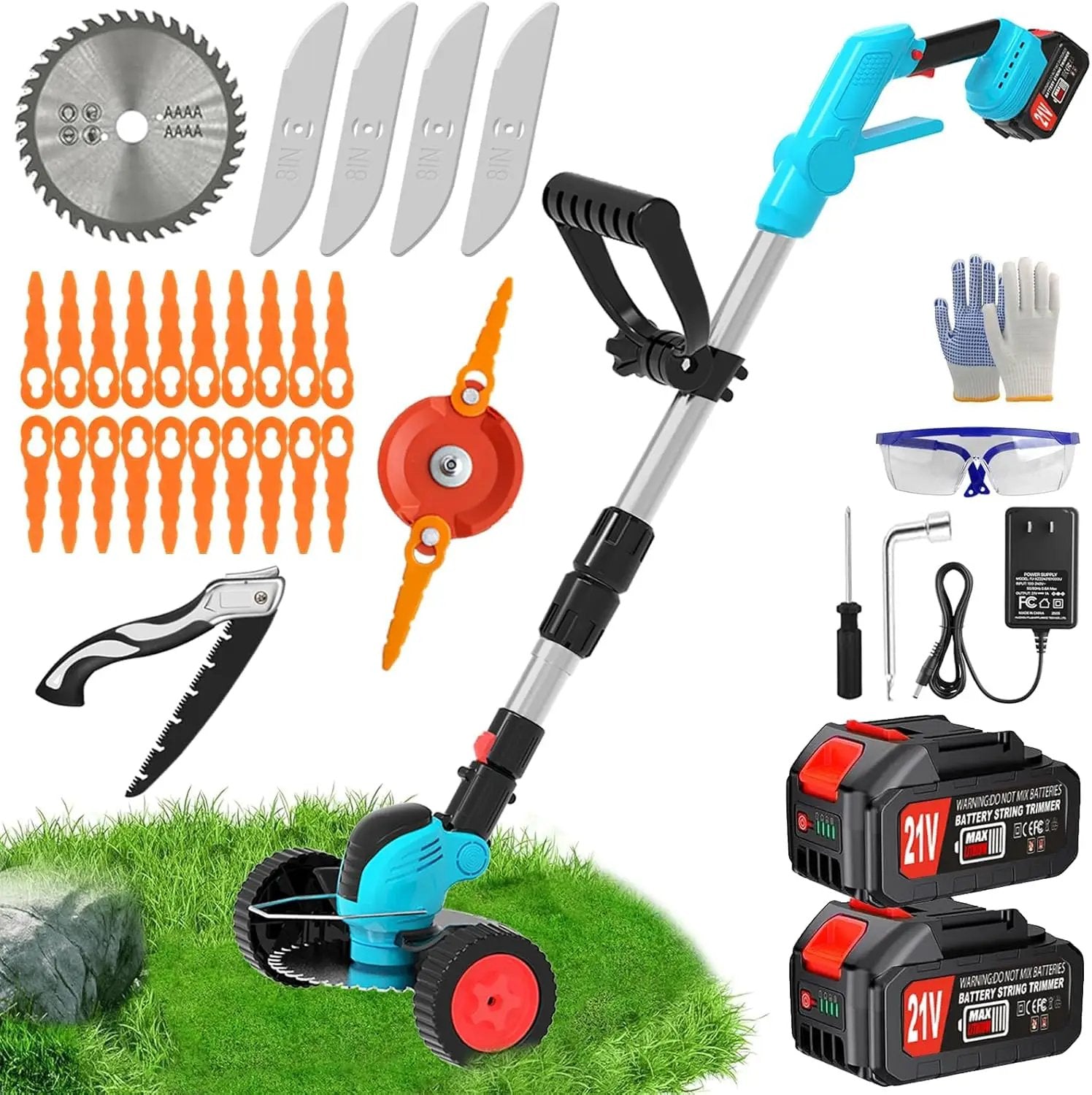 Electric Weed Wacker Cordless Eater Battery Powered,21V/4.0Ah Lightweight No-String Weed Trimmer with 2 Battery Operated& Wheels,3 in 1 Stringless Grass Trimmer/Edger/Brush Cutter for Garden Yard Lawn by GreenHaven Gardens