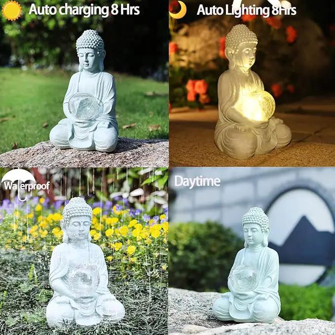 Buddha Garden Statue with Solar Light, Solar Meditating Garden Buddha with Cracked Glass Ball Sculpture-Indoor/Outdoor Decor for Balcony,Garden,Patio,Porch Yard Art Ornament,Gift by GreenHaven Gardens