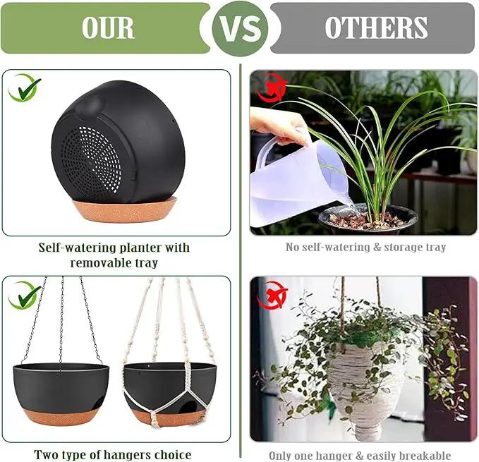 Hanging Planters for Outdoor Indoor Plants, 2 Pack 12 Inch Hanging Basket Plants Outdoor, Self Watering Hanging Planter with Plant Hanger for Garden Home Decoration (Black) by GreenHaven Gardens