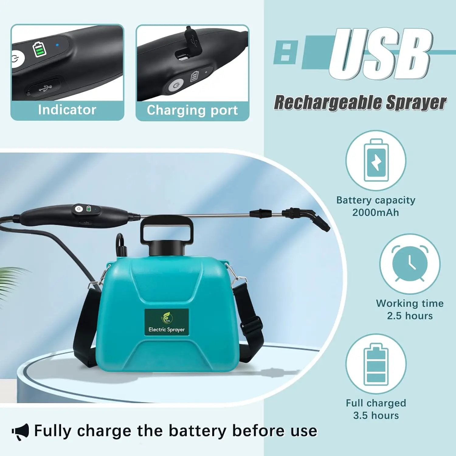 2 Gallon Battery Powered Garden Sprayer, Electric Sprayer with USB Rechargeable Handle, 3 Mist Nozzles, Retractable Wand, Water Pump Sprayers with Adjustable Shoulder Strap for Yard, Lawn and Garden by GreenHaven Gardens