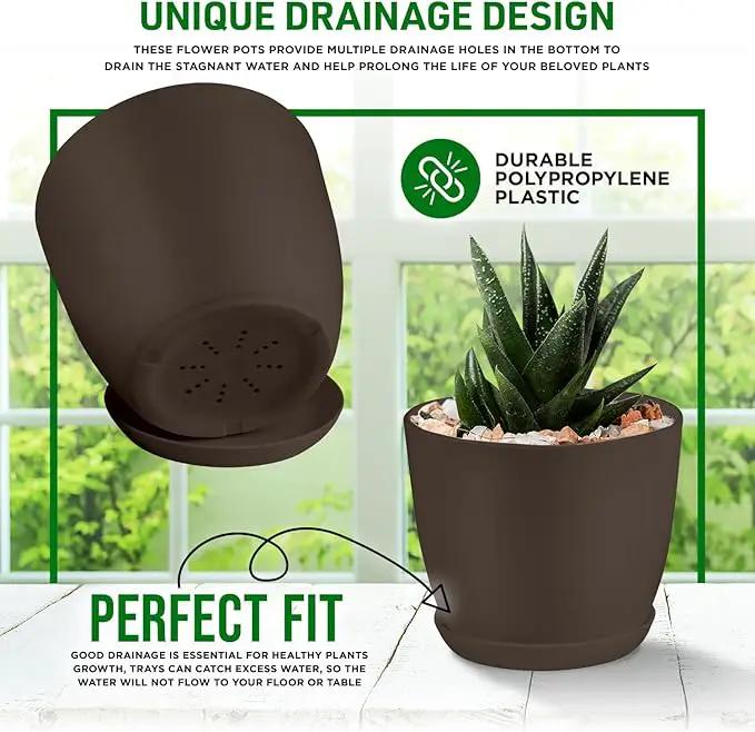 Planter Pots with Drainage Holes - Lightweight, Durable & Space-Saving Pots for Indoor and Outdoor - Versatile Functionality, Simple Modern Design, Set of 5 Plastic Planter Pots - Brown by GreenHaven Gardens