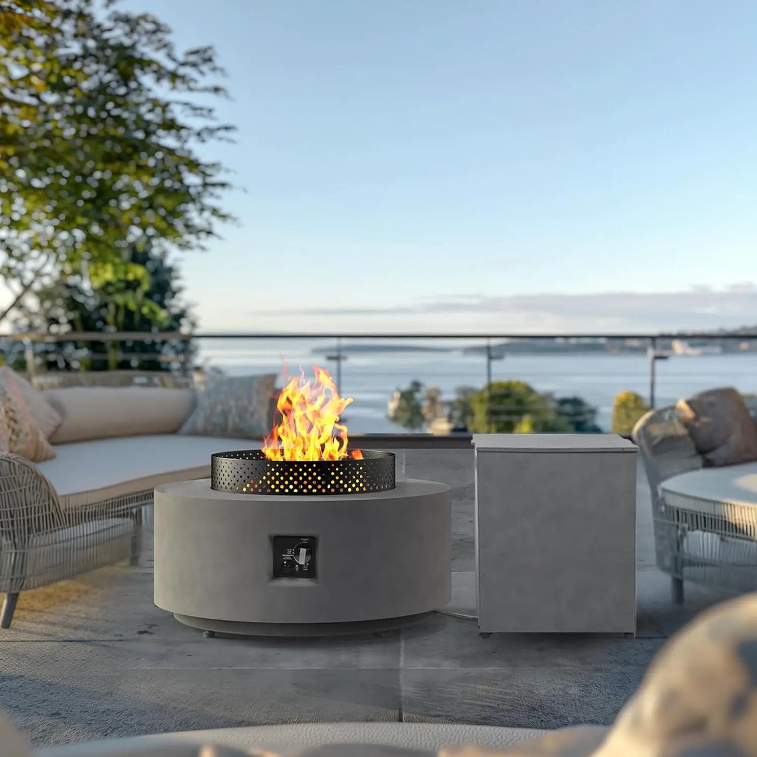 32 Inch Fire Pit Table, 3-Piece Outdoor Propane Fire Pit Table 65,000 BTU Round Gas Firepit, Wind Guard, 16 inches Tank Side Table and Baking Sheet for Garden, Patio, Grey by GreenHaven Gardens