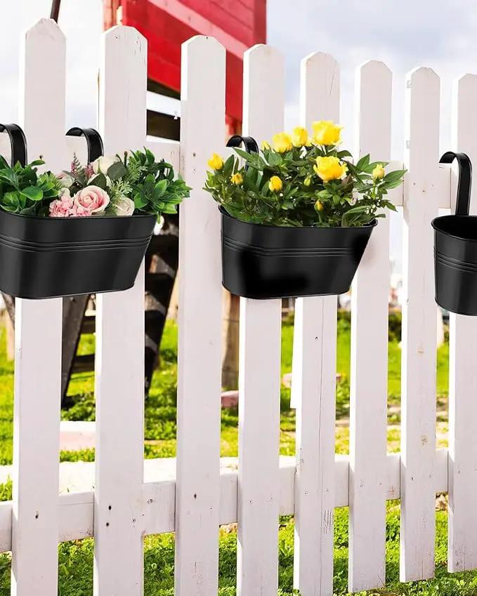 vensovo Metal Railing Planter for Outdoor Plants - 3 Pack Balcony Hanging Flower Pots with Detachable Hooks and Drain Holes Oval Bucket Rail Box Fence Planters for Home Garden Decor, Black by GreenHaven Gardens
