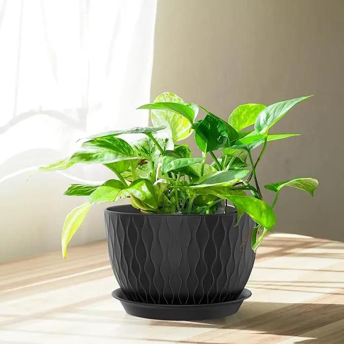 Plant Pots 12/10/9 Inch Pots, Set of 3 Plastic Planters with Drainage Holes and Saucers,Plastic Flower Pots,Nursery Planting Pot for Indoor Out Door Plants（Black） by GreenHaven Gardens